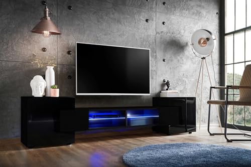 Komodee, TV-Schrank Merano, Schwarz/Schwarz, Breite 230 cm, Höhe 52,5 cm, Tiefe 35 cm, LED Blau, 2 Glasböden, 2 Türen, 2 offenen Fächern für Wohnzimmer, Schlafzimmer von Komodee