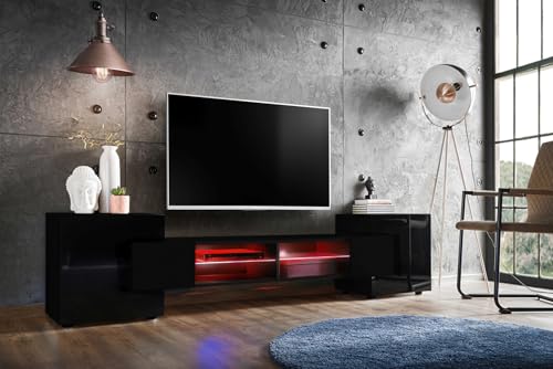 Komodee, TV-Schrank Merano, Schwarz/Schwarz, Breite 230 cm, Höhe 52,5 cm, Tiefe 35 cm, LED RGB, 2 Glasböden, 2 Türen, 2 offenen Fächern für Wohnzimmer, Schlafzimmer von Komodee