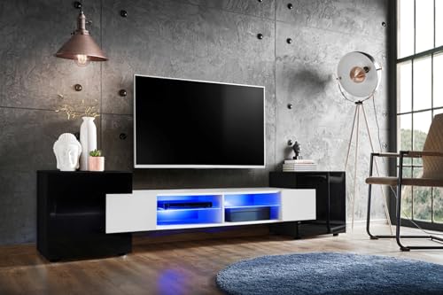 Komodee, TV-Schrank Merano, Schwarz/Weiß, Breite 230 cm, Höhe 52,5 cm, Tiefe 35 cm, LED Blau, 2 Glasböden, 2 Türen, 2 offenen Fächern für Wohnzimmer, Schlafzimmer von Komodee