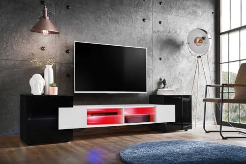 Komodee, TV-Schrank Merano, Schwarz/Weiß, Breite 230 cm, Höhe 52,5 cm, Tiefe 35 cm, LED RGB, 2 Glasböden, 2 Türen, 2 offenen Fächern für Wohnzimmer, Schlafzimmer von Komodee