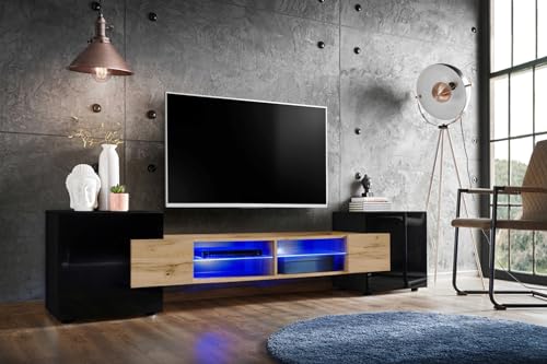 Komodee, TV-Schrank Merano, Schwarz/Wotan, Breite 230 cm, Höhe 52,5 cm, Tiefe 35 cm, LED Blau, 2 Glasböden, 2 Türen, 2 offenen Fächern für Wohnzimmer, Schlafzimmer von Komodee