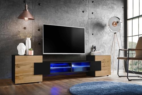 Komodee, TV-Schrank Merano, Schwarz/Wotan, Breite 230 cm, Höhe 52,5 cm, Tiefe 35 cm, ohne LED, 2 Glasböden, 2 Türen, 2 offenen Fächern für Wohnzimmer, Schlafzimmer von Komodee