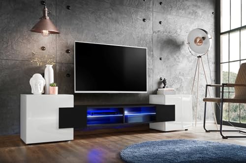 Komodee, TV-Schrank Merano, Weiß/Schwarz, Breite 230 cm, Höhe 52,5 cm, Tiefe 35 cm, LED Blau, 2 Glasböden, 2 Türen, 2 offenen Fächern für Wohnzimmer, Schlafzimmer von Komodee