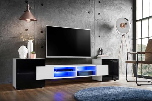 Komodee, TV-Schrank Merano, Weiß/Schwarz, Breite 230 cm, Höhe 52,5 cm, Tiefe 35 cm, LED Blau, 2 Glasböden, 2 Türen, 2 offenen Fächern für Wohnzimmer, Schlafzimmer von Komodee