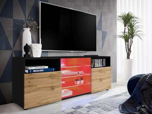 Komodee, TV-Schrank Urbino, Schwarz/Wotan, Breite 140 cm x Höhe 53 cm x Tiefe 35 cm, LED RGB, 3 Glasböden, 2 Fächern mit Türen, 2 offenen Fächern für Wohnzimmer, Schlafzimmer von Komodee