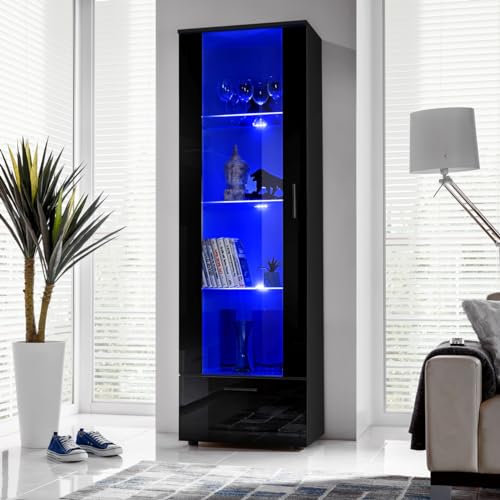 Komodee, Vitrine Schrank Alessandria, Schwarz/Schwarz, Breite 60cm x Höhe 192cm x Tiefe 42cm, LED Blau, 3 Glasböden, 1 Regal aus laminierter Platte, für Wohnzimmer, Schlafzimmer von Komodee