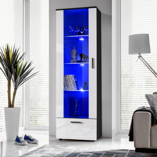 Komodee, Vitrine Schrank Alessandria, Schwarz/Weiß, Breite 60cm x Höhe 192cm x Tiefe 42cm, LED Blau, 3 Glasböden, 1 Regal aus laminierter Platte, für Wohnzimmer, Schlafzimmer von Komodee