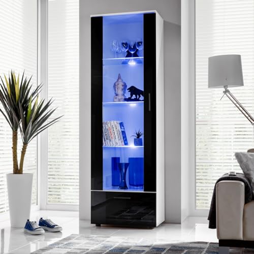 Komodee, Vitrine Schrank Alessandria, Weiß/Schwarz, Breite 60cm x Höhe 192cm x Tiefe 42cm, LED Blau, 3 Glasböden, 1 Regal aus laminierter Platte, für Wohnzimmer, Schlafzimmer von Komodee