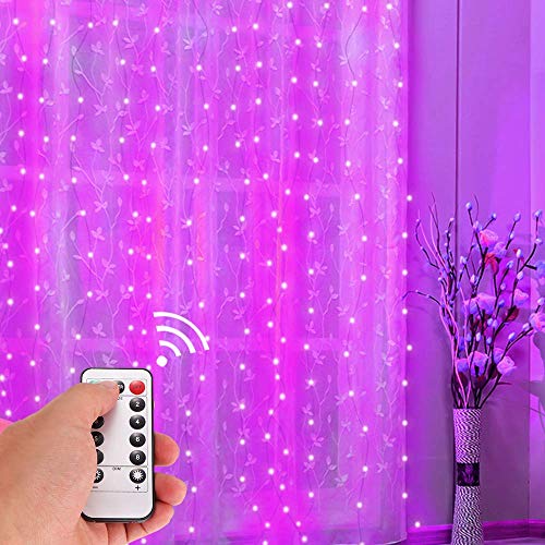 Konesky Vorhang Lichterkette, 8 Betriebsarten 300 LED Fernbedienung Fenster Fee Kupferdraht Twinkle Star Hängende Lichterketten Schlafzimmer Weihnachten Hochzeit Party Garten Dekorativ (Rosa) von Konesky