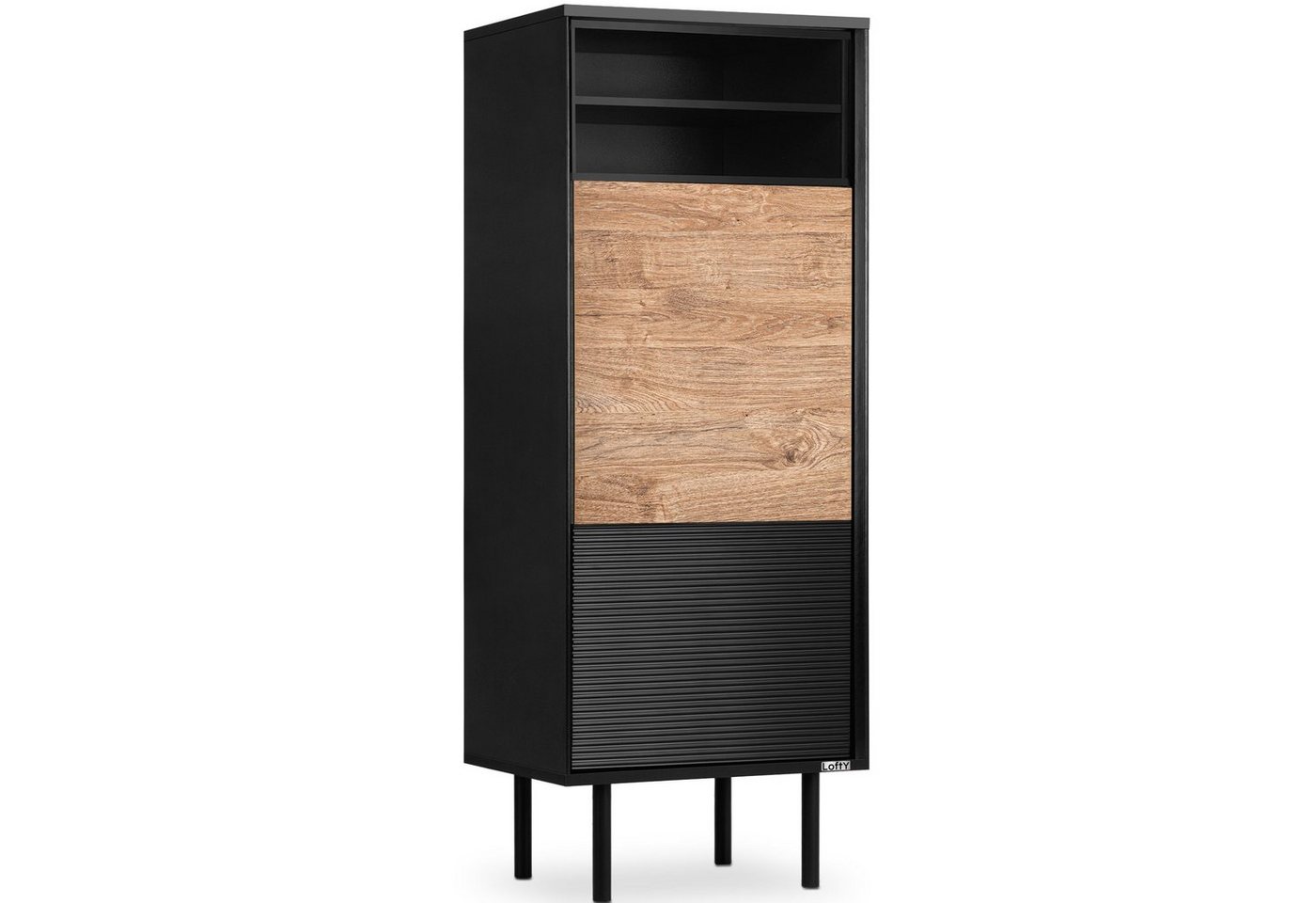 Konsimo Standregal LOFTY Bücherregal Aktenregal Höhe 135 cm, optionale Beleuchtung, Regale, geriffelte Front, abschließbares Regal, 5 Etagen, Massivholzbeine, ABS von Konsimo