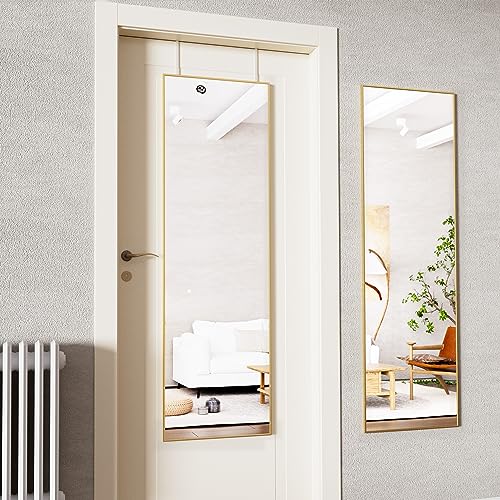 Koonmi Türspiegel, 41x127 cm Wandspiegel Ganzkörperspiegel mit 2 höhenverstellbaren Hängehaken über der Tür, Hängespiegel mit Aluminiumrahmen für Eingänge und Schlafzimmer, Gold von Koonmi