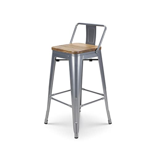 Kosmi - Barhocker im industriellen Stil aus Metall, silberfarben, mit Rückenlehne und Sitzfläche aus hellem Holz – Höhe 66 cm von Kosmi