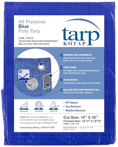 Kotap TRA-1416 Waterproof All- Purpose Multi-Use Protection/Coverage 5-mil Poly Tarp, Blue, Cut Size: 14 x 16'/Finished Size: 13' 4" X 15' 6" von Kotap