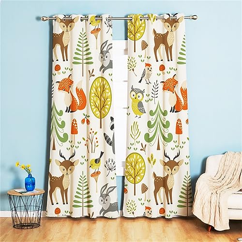 Koudi Blickdichte Vorhänge Kinderzimmer Tiere Hase Fuchs Bäume Muster Gardinen mit Ösen für Mädchenzimmer, Kinderzimmer, Babyzimmer 160 × 132cm (H × B) von Koudi