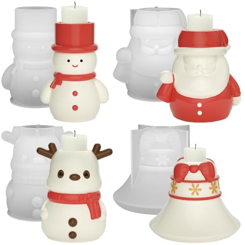 Kraeoke 4 Stücke Weihnachten Silikonform 3D Schneemann Kerzenhalter Silikon Gießform Weihnachtselch Silikonform Gießformen Weihnachtsmann Kerzen Epoxidharz Formen für DIY Weihnachtsdekoration von Kraeoke