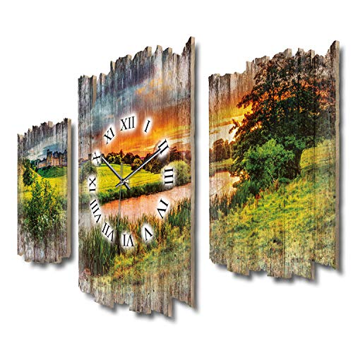 Abends am Fluss Natur-Landschaft Wald Wiese Shabby chic Landhaus Dreiteilige Designer Funk Wanduhr leise Funkuhr ohne Ticken 95 x 60 cm aus MDF-Holz DTWH063FL (leises Funkuhrwerk) von Kreative Feder