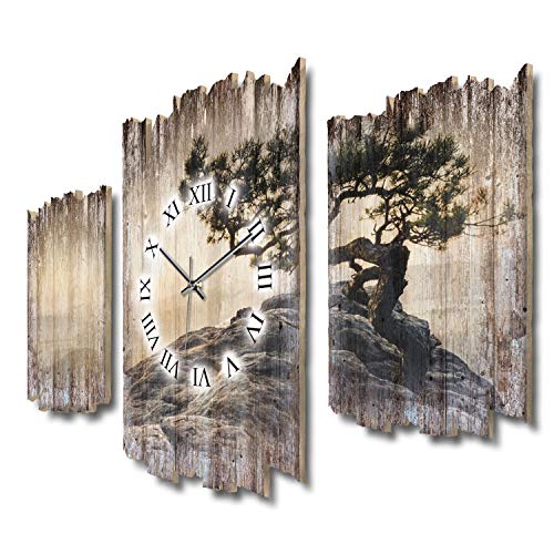 Einsamer Baum Natur Beige Shabby chic Landhaus Dreiteilige Designer Funk Wanduhr leise Funkuhr ohne Ticken 95 x 60 cm aus MDF-Holz DTWH017FL (leises Funkuhrwerk) von Kreative Feder