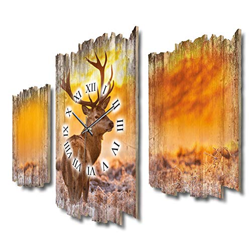 Hirsch im Nebel Wild Jagd Herbst Natur Shabby chic Landhaus Dreiteilige Designer Funk Wanduhr leise Funkuhr ohne Ticken 95 x 60 cm aus MDF-Holz DTWH083FL (leises Funkuhrwerk) von Kreative Feder