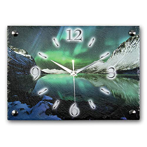 Kreative Feder Designer-Wanduhr aus Stein (Beton) 35x25cm schwarz-grün mit flüsterleisem Uhrwerk - Polarlicht von Kreative Feder