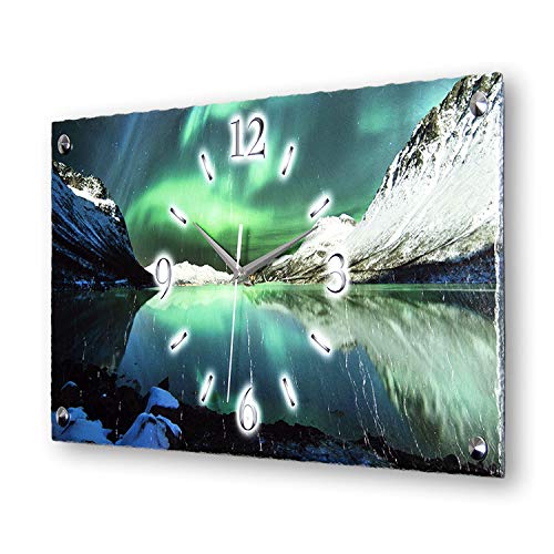 Kreative Feder Polarlicht Natur-Landschaft Berge Luxus Designer Wanduhr Uhr aus Schiefer *Made in Germany leise ohne Ticken 50cm x 25cm WS312L (leises Quarzuhrwerk) von Kreative Feder