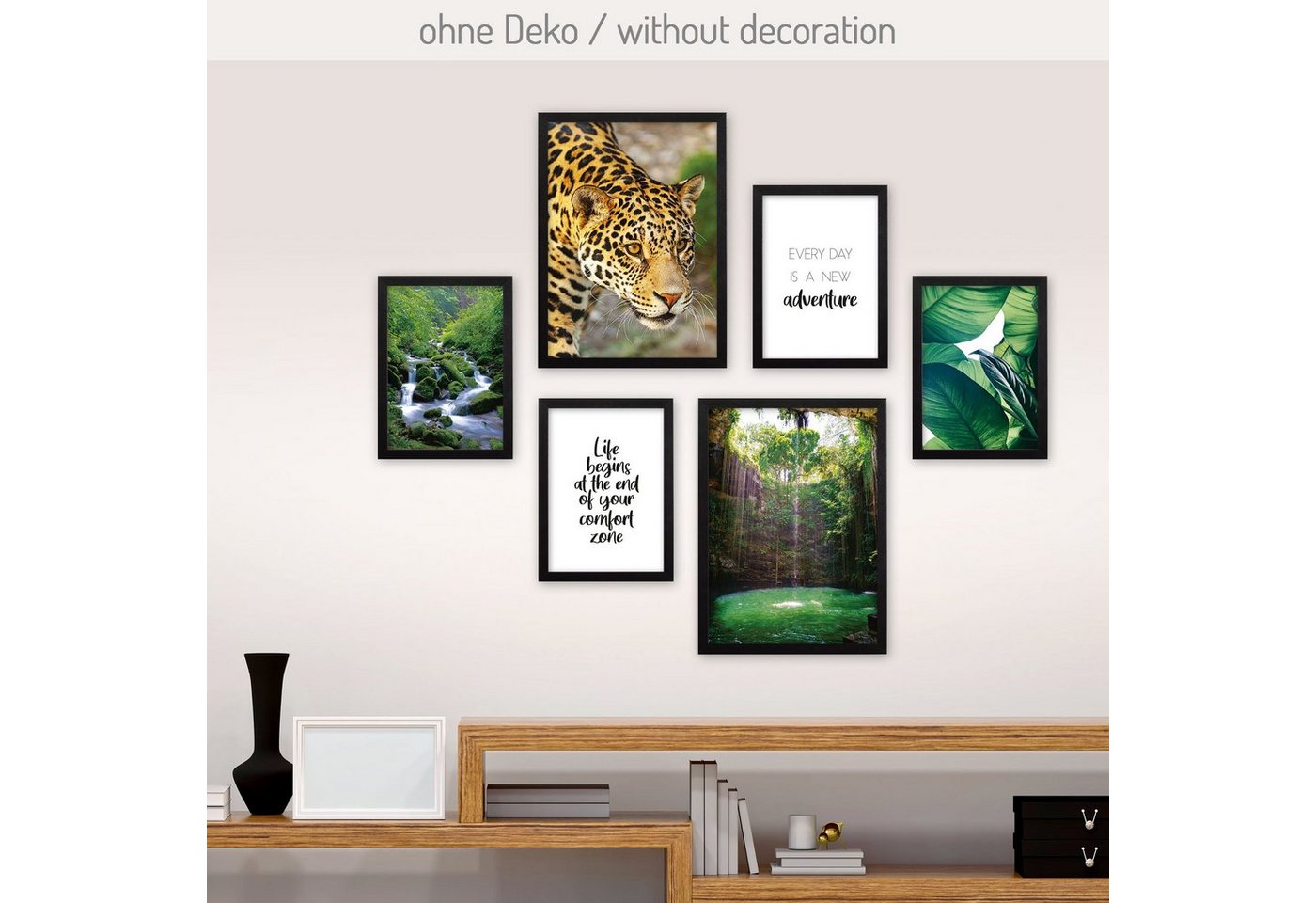 Kreative Feder Poster, Natur, Dschungel, Wald, Jaguar, Tier, Wasserfall (Set, 6 St), 6-teiliges Poster-Set, Kunstdruck, Wandbild, Posterwand, Bilderwand, optional mit Rahmen, WP528 von Kreative Feder