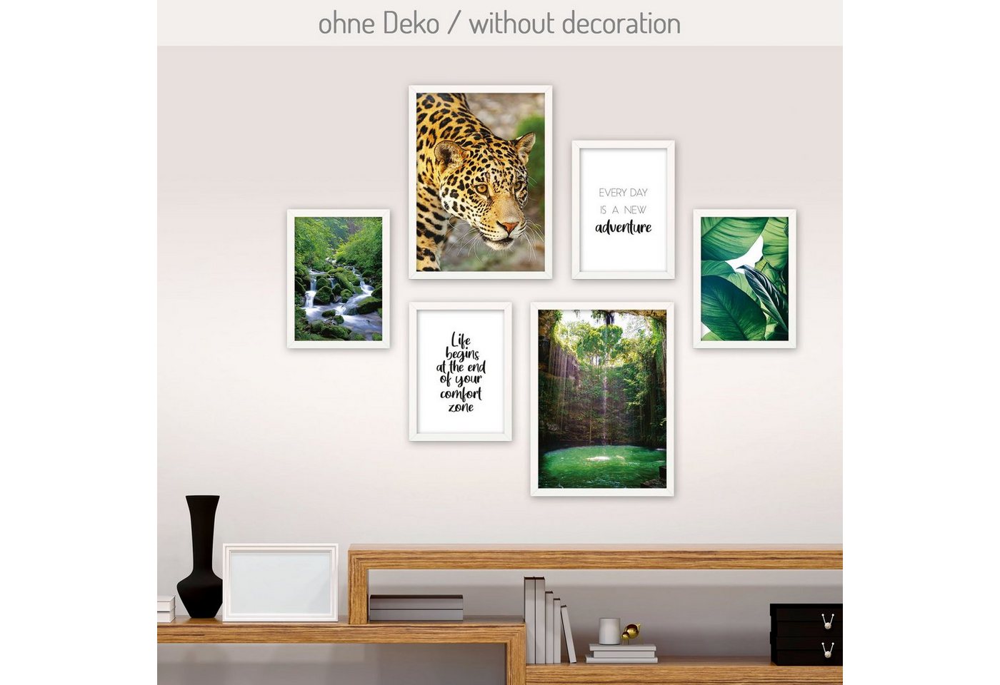 Poster, Natur, Dschungel, Wald, Jaguar, Tier, Wasserfall (Set, 6 St), 6-teiliges Poster-Set, Kunstdruck, Wandbild, Posterwand, Bilderwand, optional mit Rahmen, WP528 von Kreative Feder