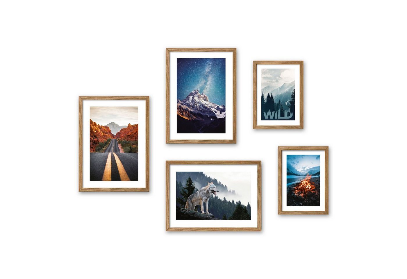 Kreative Feder Poster, Natur, Landschaft, Straße, Wolf, Wildnis, Wald (Set, 5 St), 5-teiliges Poster-Set, Kunstdruck, Wandbild, Posterwand, Bilderwand, optional mit Rahmen, WP613 von Kreative Feder