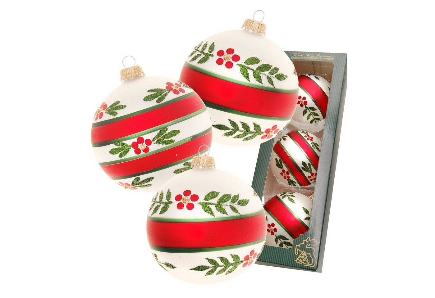 Krebs Glas Lauscha Christbaumschmuck Scandic Xmas "Floral", 3-er Set, silber matt/rot/grün, 8cm von Krebs Glas Lauscha