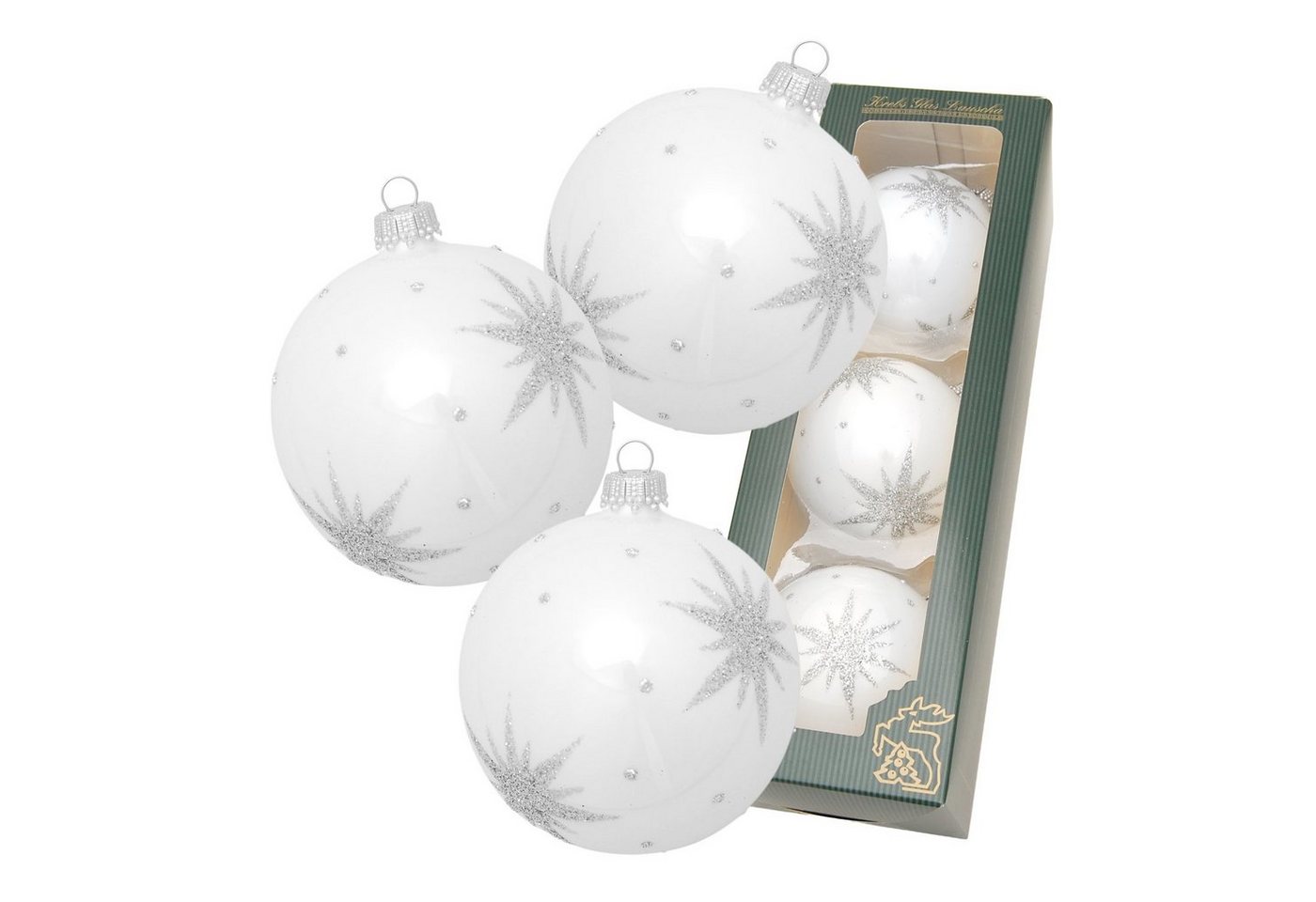 Krebs Glas Lauscha Christbaumschmuck White Xmas "Komet", 3-er Set, Glitzerkomet silber, weiß matt, 8cm von Krebs Glas Lauscha