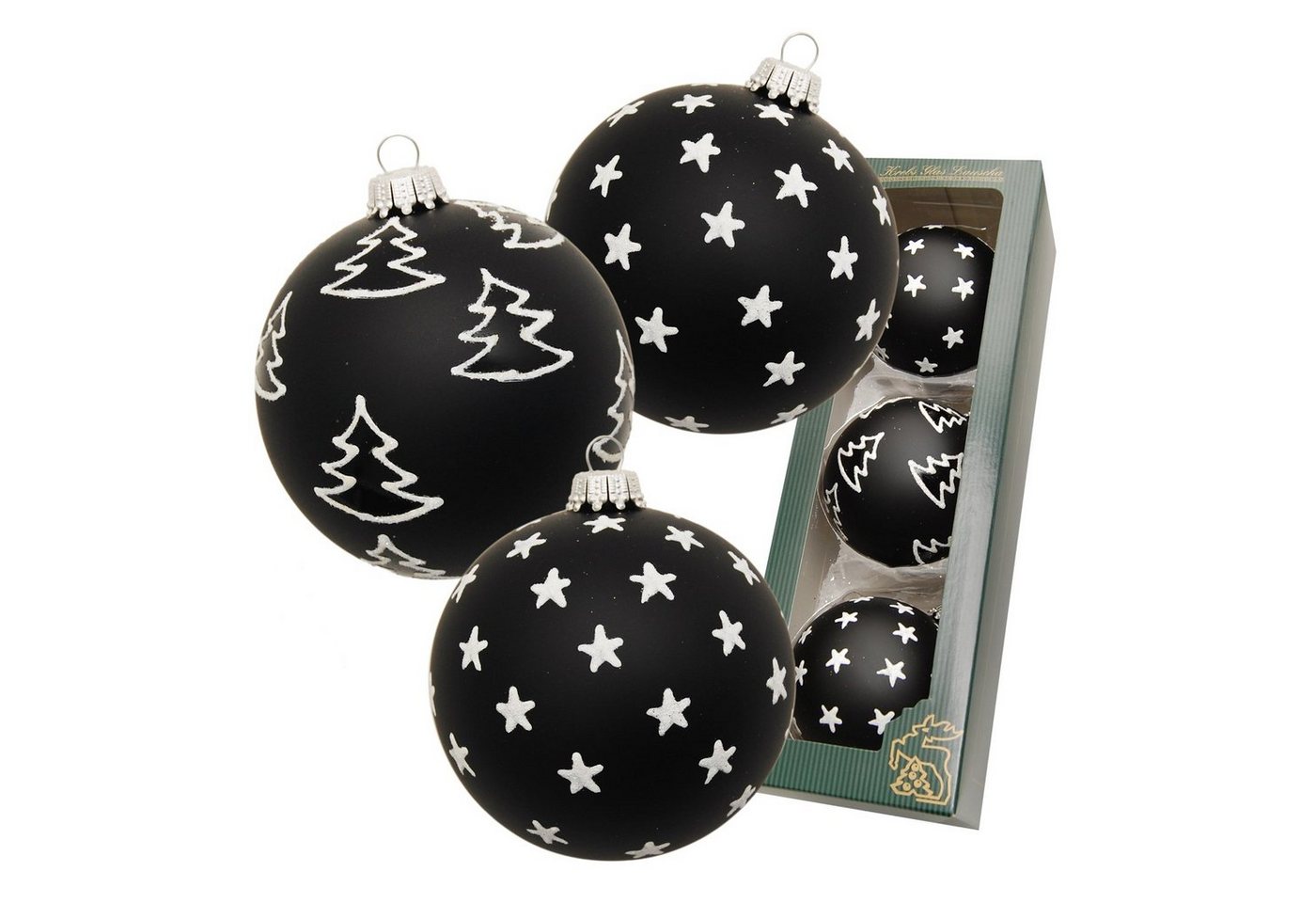 Krebs Glas Lauscha Christbaumschmuck Xmas Black & White Ebony, 3-er Set, schwarz matt/weiß, Glitzer, 8cm von Krebs Glas Lauscha