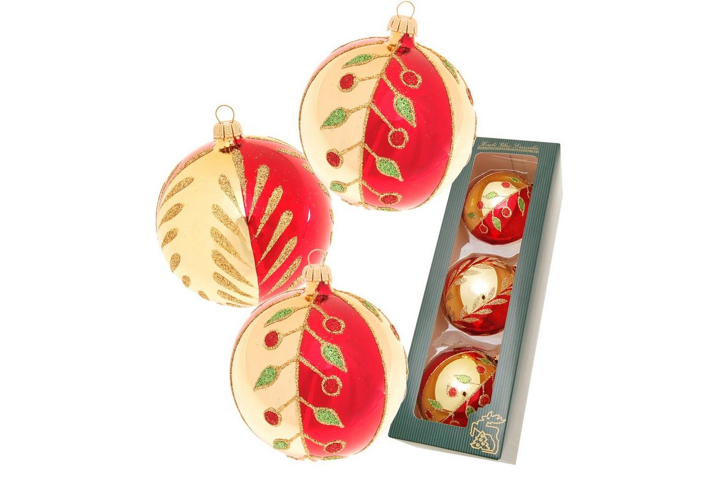 Krebs Glas Lauscha Christbaumschmuck Xmas Night \"Blätter & Beeren\"", 3er Set, gold glanz/rot glanz, 8cm (3-tlg)" von Krebs Glas Lauscha