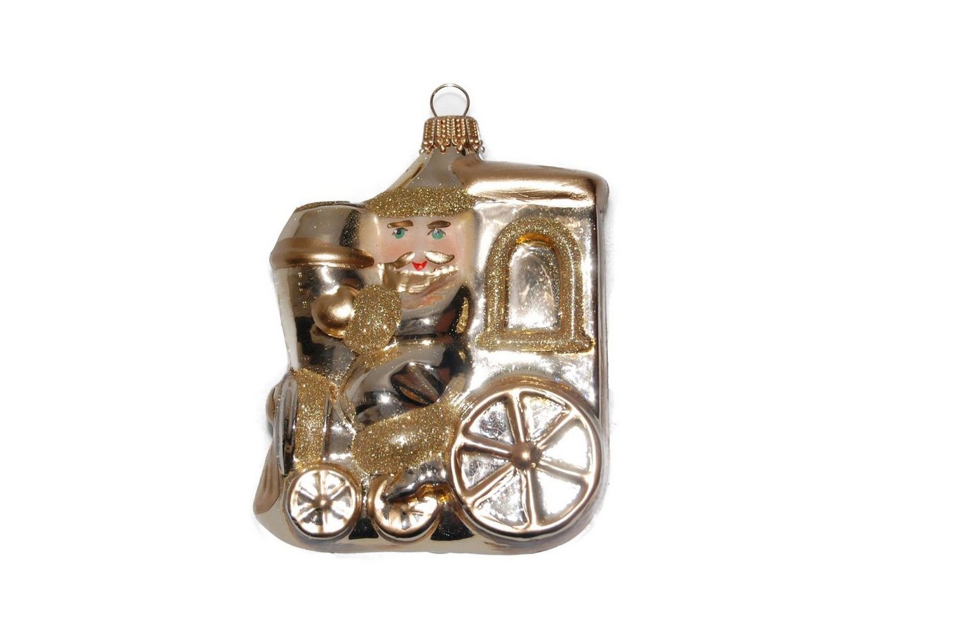 Krebs Glas Lauscha Christbaumschmuck Gold 9cm Weihnachtsmann auf der Lokomotive, mundgeblasenes Glas, (1-tlg) von Krebs Glas Lauscha