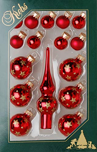 Krebs Glas Lauscha – Mini Deko Set 16 teilig – Glasschmuck Kugeln + Spitze – Weihnachten Baumschmuck Weihnachtsbaumschmuck Christbaumschmuck – Rot von Krebs Glas Lauscha