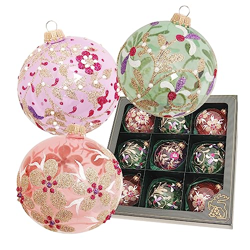 Krebs Glas Lauscha - Weihnachtsdekoration/Christbaumschmuck aus Glas - Weihnachtskugeln - Farbe: Lila, Rosa, Grün - Motiv: Blumen - Inhalt: 9 Stück - Größe: 8 cm von Krebs Glas Lauscha