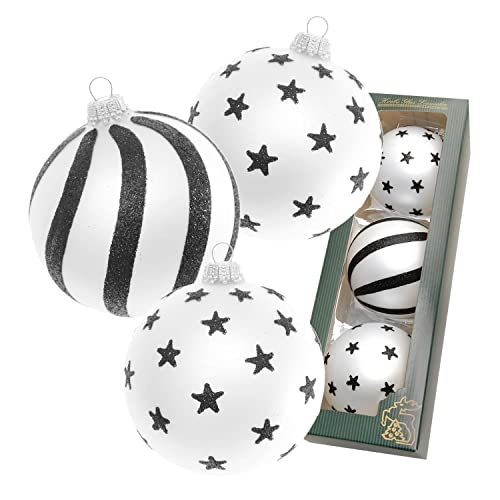 Xmas Black & White Satin, 3er Set, Silber matt/schwarz/Glitzer, 8cm von Krebs Glas Lauscha