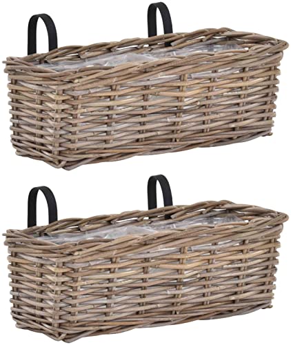 Krines Home Set / 2 Balkonkorb Grau Balkon Geländer Pflanz-Korb Blumen-Topf Natur Rattan Balkonkasten Pflanzgefäß mit Folie (2, Rechteckig groß) von Krines Home