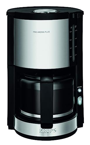 Krups KM3210 Pro Aroma Plus Filterkaffeemaschine | 10 Tassen | 1,25 L | 30-Minuten-Warmhaltefunktion | sichtbares Wasserstands Fenster | Tropfstopp-System | Schwarz mit Edelstahlapplikationen von Krups