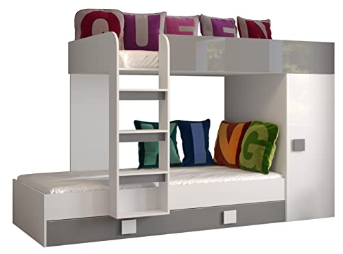 MEBLE KRYSPOL Toledo 2 Hochbett für 2 Kinder, Jugendliche mit Stauraum - Etagenbett mit Schreibtisch, Kleiderschrank, Regal, Schubladen, Treppe - 254x94x165 cm - Weiß, Grau, Weiß + Grau von MEBLE KRYSPOL