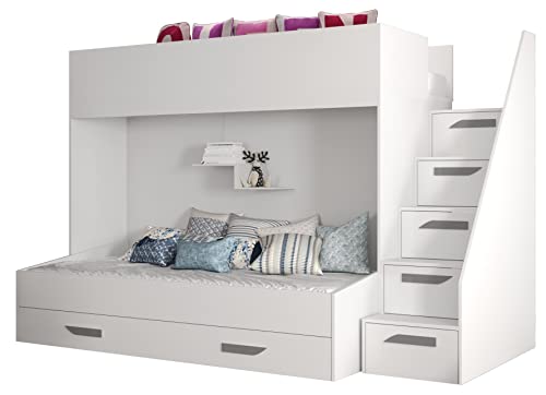 MEBLE KRYSPOL Party 16 Hochbett für Kinder, Jugendliche mit Stauraum - Etagenbett mit Schreibtisch, Kleiderschrank, Bücherregal und Trittleitern - 247x135x165 cm - Weiß, Weiß, Grau von MEBLE KRYSPOL