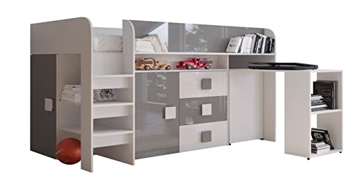 MEBLE KRYSPOL Toledo 1 Hochbett für Kinder, Jugendliche mit Stauraum - Etagenbett mit Schreibtisch, Kleiderschrank, Regal, Schubladen, Treppe - 203,3x106,6x125 cm - Weiß, Grau, Weiß + Grau von MEBLE KRYSPOL