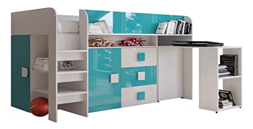 MEBLE KRYSPOL Toledo 1 Hochbett für Kinder, Jugendliche mit Stauraum - Etagenbett mit Schreibtisch, Kleiderschrank, Regal, Schubladen, Treppe - 203,3x106,6x125 cm - Weiß, Türkis, Weiß + Türkis von MEBLE KRYSPOL