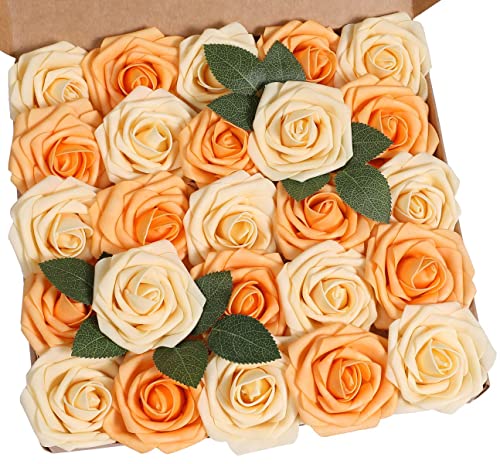 Künstliche Rosen Blumen Schaumrosen Foamrosen Kunstblumen Rosenköpfe Gefälschte Kunstrose Rose DIY Hochzeit Blumensträuße Braut Zuhause Dekoration (25 Stück, Mix Orange Gelb) von Ksnnrsng