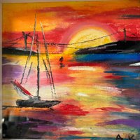 Ölpastell Kreide Bild Leinwandkarton 20x20 Eingerahmt Sonnenuntergang Meereslandschaft Segelboot Abstrakte Kunst Ko-An Art Anna Kaplan 3D von KunstGalerieKoAnArt