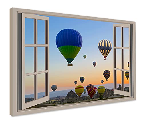 Kunstbruder Bilder Fensterblick Leinwandbild - Blick aus dem Fenster zu Strand Meer und Himmel - Abstrakt Landschaft Wandbild Berge Natur Maritim Insel, (div. Formate) (70x100 cm, Luftballons) von Kunstbruder