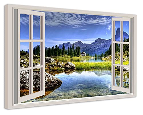 Kunstbruder Bilder Fensterblick Leinwandbild - Blick aus dem Fenster zu Strand Meer und Himmel - Abstrakt Landschaft Wandbild Berge Natur Maritim Insel, (div. Formate) (70x100 cm, mounts 4) von Kunstbruder