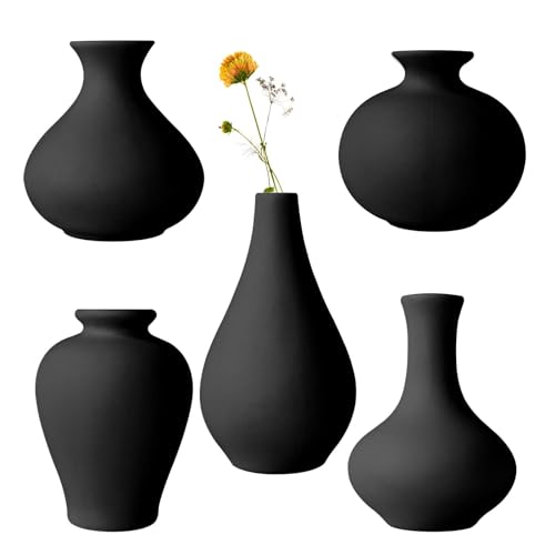 Keramik Vase Set, 5 Stück Blumenvasen aus Keramik, Blumenvasen für Moderne Wohnkultur, dekorative Vase für Pampasgras, Kleine Vasen für Blumen, Pflanzen, Dekoration Moderne Home Decor (Schwarz) von Kweiugfi