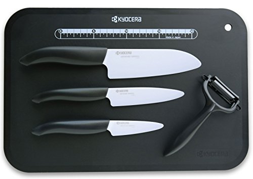Kyocera Keramikmesser Set- 3 Messer Griff schwarz + Keramikschäler + Schneidunterlage Fb. schwarz von KYOCERA