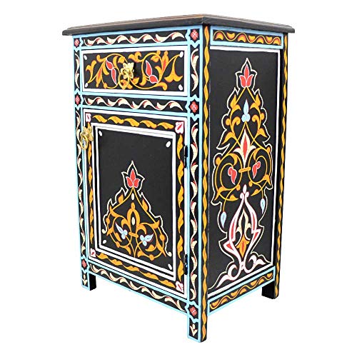 L´Orient Marokkanische Kommode Menara aus Vollholz Schwarz Handbemalt H 68 cm 1 Schublade 1 Tür | Antik Vintage Orientalische Sideboard Anrichte | Echtes Kunsthandwerk aus Marrakesch von L´ORIENT - Das Tor zum Orient - Generisch