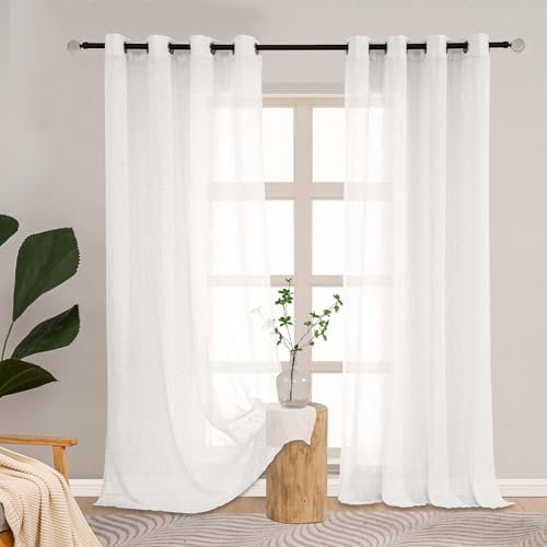 L.Z.E Gardinen Kurz Modern, Off-White Vorhänge mit Ösen Halbtransparent, Leinen Vorhänge für Schlafzimmer Fenster Wohnzimmer, 2er Set Stores Gardinenschals in Leinenoptik, 145 cm Lang, 190g/㎡ von L.Z.E