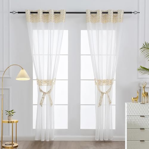 L.Z.E Gardinen Vorhänge Wohnzimmer Modern Set Gold Weiß Gardine mit Ösen Boho Vorhang Kurz Fenster Ösenvorhang 2er Set Gardinenschals mit Muster für Schlafzimmer Kinderzimmer Transparent 175 cm Lang von L.Z.E